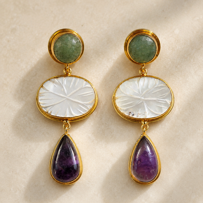 Aventurine Quartz, Mother of Pears, Purple Amethyst Earrings