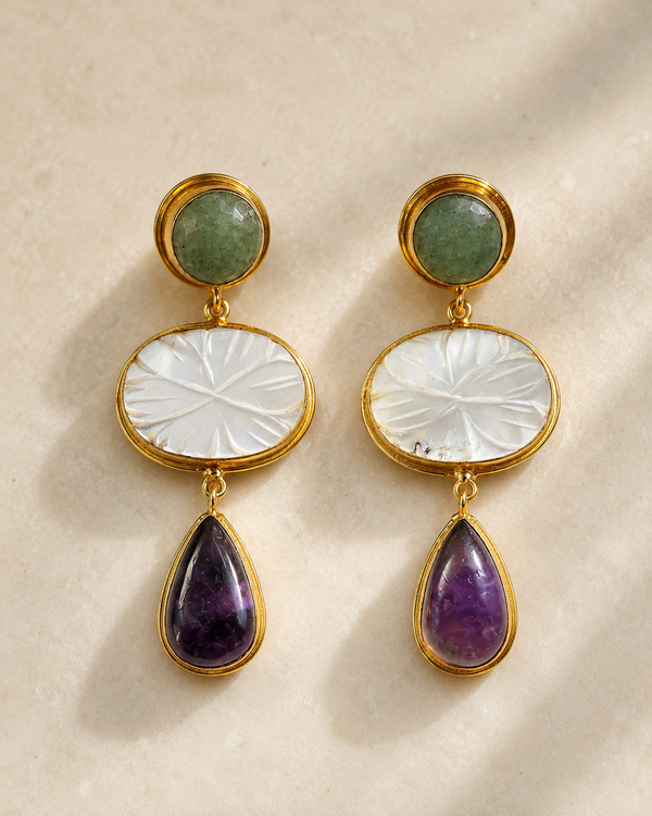 Aventurine Quartz, Mother of Pears, Purple Amethyst Earrings