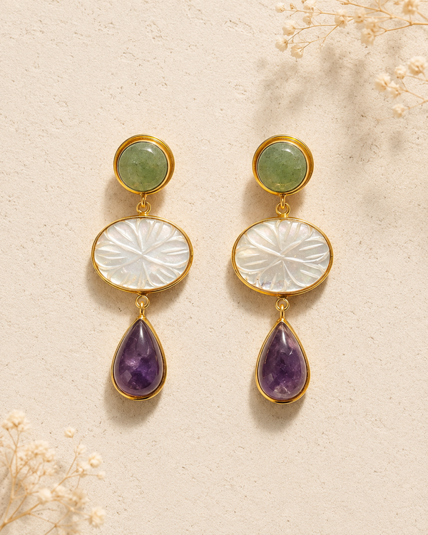 Aventurine Quartz, Mother of Pears, Purple Amethyst Earrings