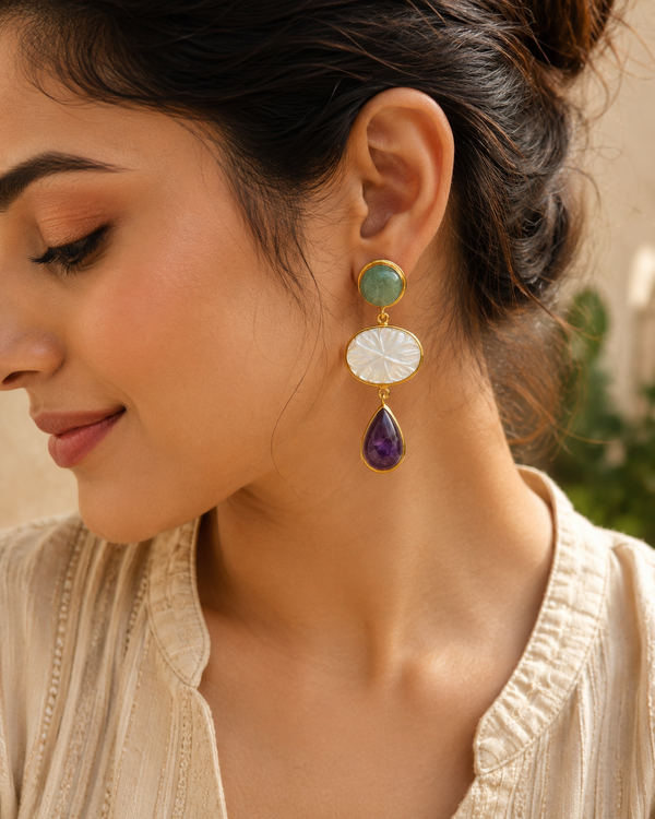 Aventurine Quartz, Mother of Pears, Purple Amethyst Earrings