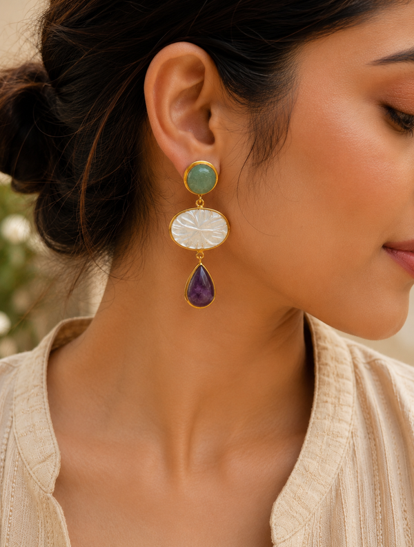 Aventurine Quartz, Mother of Pears, Purple Amethyst Earrings