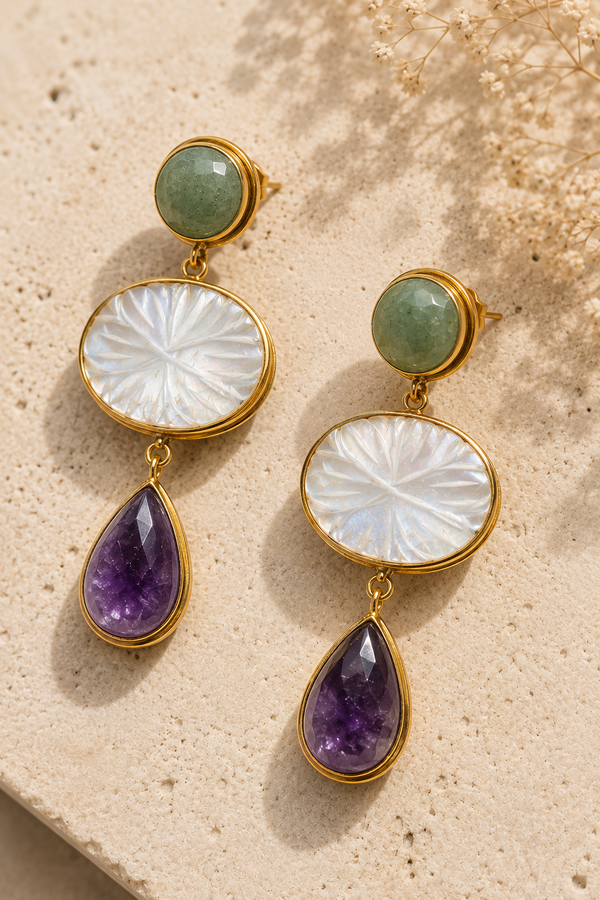 Aventurine Quartz, Mother of Pears, Purple Amethyst Earrings
