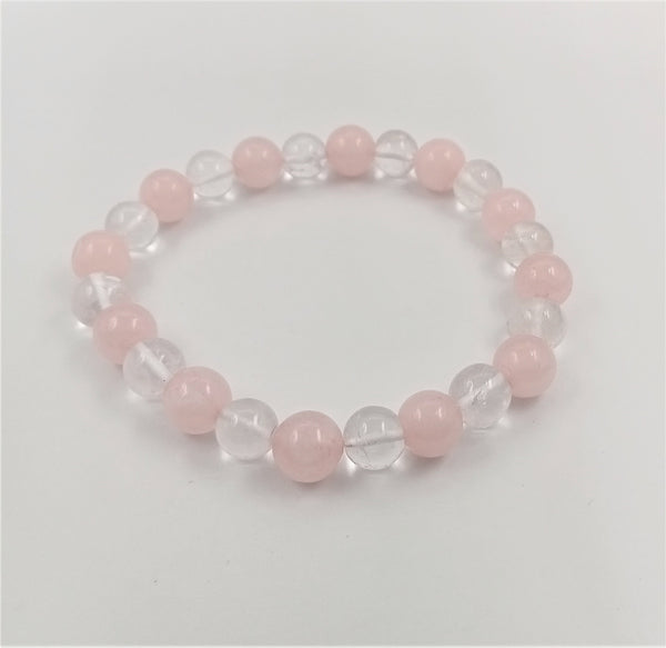 ROSE QUARTZ & ROCK CRYSTAL BEAD BRACELET